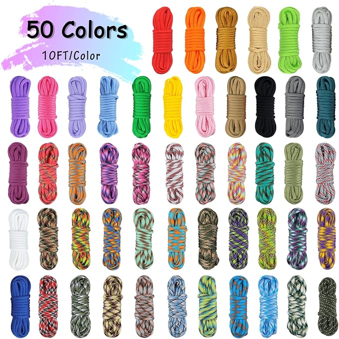 50 Colors Paracord Combo Kit with Instruction - Multifunction Parachute Cord with 28 Paracord Accessories for Making Paracord Bracelets, Lanyards, Dog Collars
