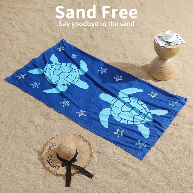 Belista Oversized Beach Towels 4 Pack,40”x70” Microfiber Thin Large Beach Towel Set for Adults Travel Camping Swimming,Turtle Starfish Them Sand Free Quick Dry Lightweight XL Pool Towels,Orange & Navy