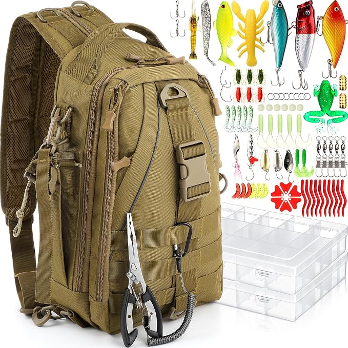 RoundFunny 85 Pcs Fishing Backpack with Tackle Boxes, Tackle Sling Bag with Rod Holder, Fish Lures and Pliers, Fish Tools Gears & Equipment Father's Day Fishing Gift for Dad Men