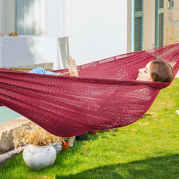 PNAEUT Handwoven Mayan Hammock, Thick Soft Rope Double Hammock for Outdoor Outside & Indoor, 600 lbs Capacity Heavy-Duty, Includes Tree Straps, Carabiners & Carrying Bag (Burgundy Fiesta Red, X-Large)