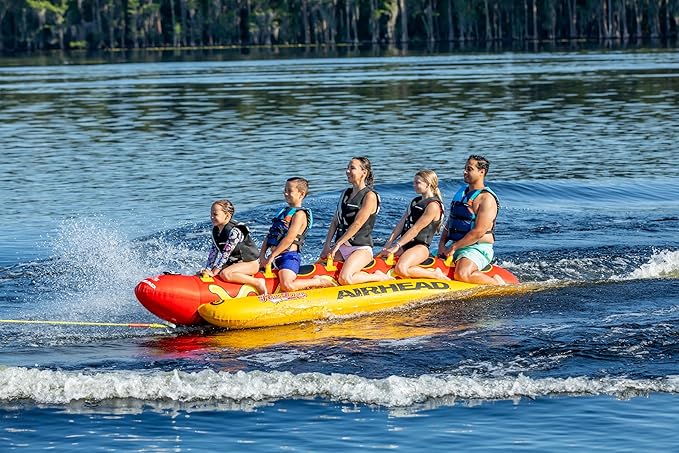 Airhead Hot Dog Towable Tube for Boating, 1-5 Rider Inflatable Boat Tube for Water Tubing, Full Nylon Cover, EVA Padding, Foam Padded Handles w/Neoprene Knuckle Guard, Speed Safety Valve