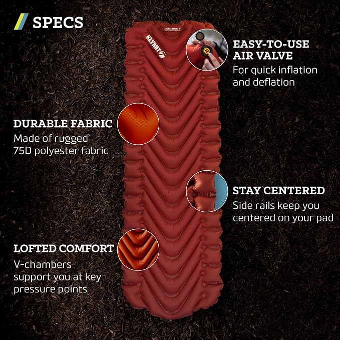 KLYMIT Insulated Static V Inflatable Sleeping Pad | Comfortable, Lightweight, Easy to Inflate, Portable Air Bed Mattress for Camping, Backpacking and Hiking — Red
