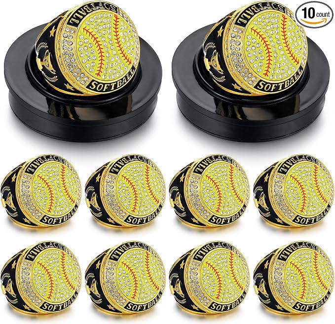 Highergo 10 Pcs Basketball Softball Baseball MVP Dancer Champion Trophy Ring with Display Stand Star Football Soccer Volleyball Golf Cheerleading Bowling Track Field
