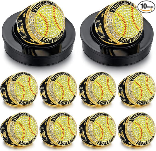 Highergo 10 Pcs Basketball Softball Baseball MVP Dancer Champion Trophy Ring with Display Stand Star Football Soccer Volleyball Golf Cheerleading Bowling Track Field