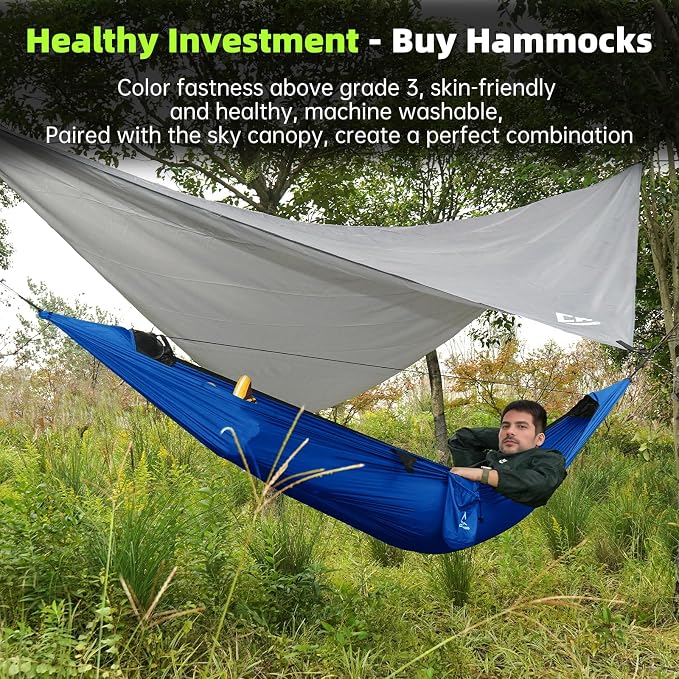 Camping Hammock with Mosquito Net – Portable Parachute Nylon Hammock Tent with Tree Straps, Camp Rope & Stake - for Hiking, Backpacking, Travel, Backyard, Beach – Holds Up to 500lbs (Blue)