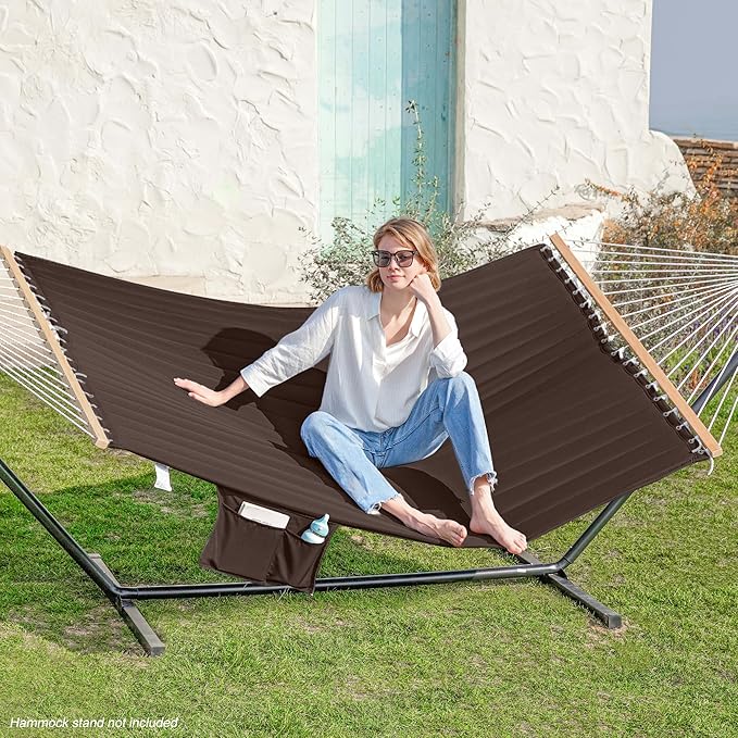 GAFETE Hammock 2 Person Quilted Fabric Hammocks for Outside, Double 12ft Hammocks with Spreader Bar, Large Removable Pillow, Storage Bag, Carabiners, Max 475 lbs Capacity (Coffee)