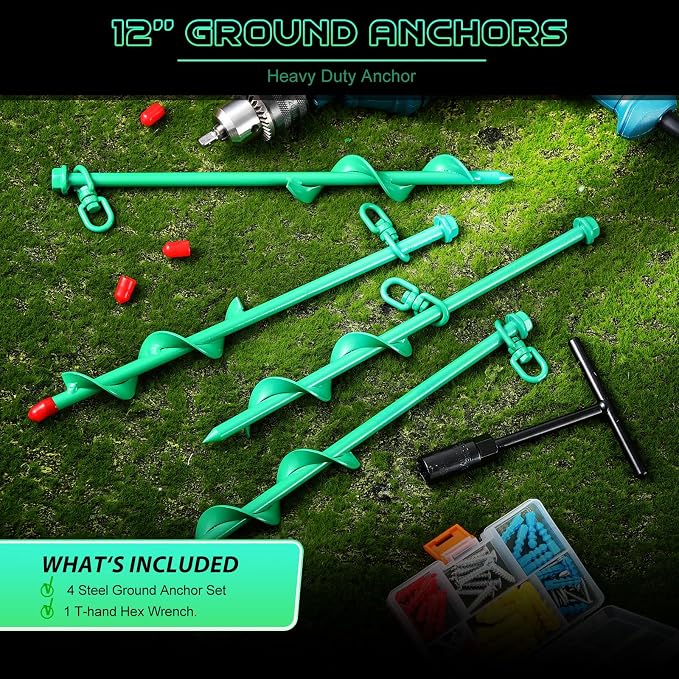Hiboom 4 Pcs Ground Anchors with T Handle Hex Wrench Trampoline Hook, Ground Anchor Screw in Kit, Inflatable Outdoor Decorations Accessories for Camping Tents Car Ports Canopies (Green,12 Inch)