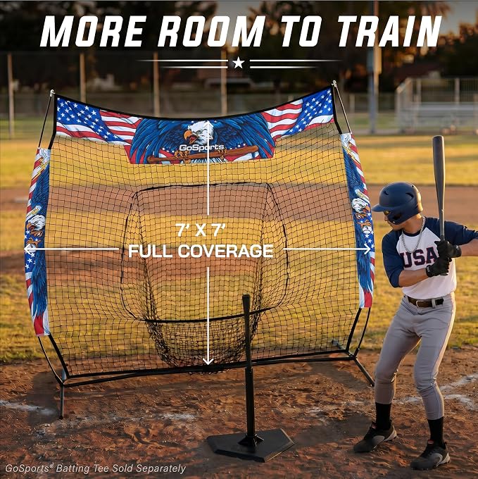GoSports 7 ft x 7 ft Baseball & Softball Nets - Red, Black, Drip or PRO - Practice Hitting & Pitching Net with Bow Type Frame, Carry Bag and Strike Zone, Great for All Skill Levels