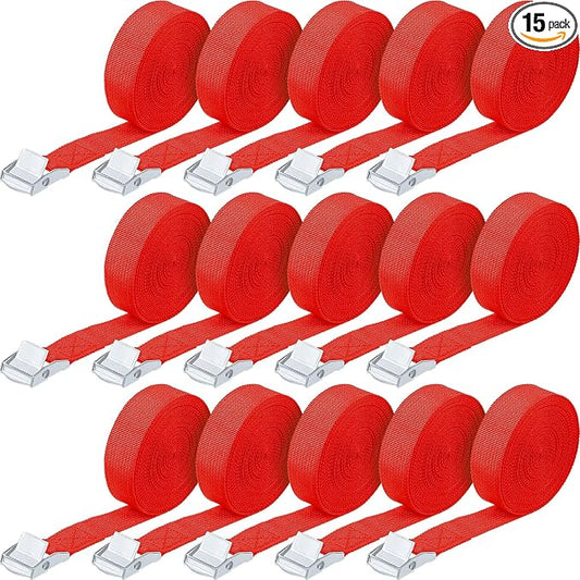 Riakrum 15 Pack 16 Feet Lashing Straps Adjustable Kayaks Tie Down Cam Buckle Straps with Buckles up to 250lbs for Cargo, Luggage, Motorcycles, Truck, Car Roof Rack, Sup Surfboard(Red)