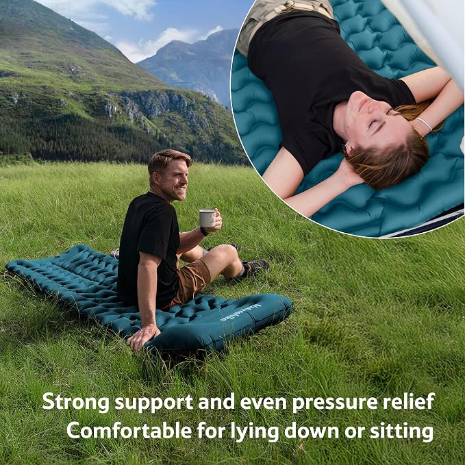 Naturehike Double Camping Sleeping Pad, Ultralight Inflatable Sleeping Mat with Pillow, Built-in Foot Pump, 3.74 Inch Lightweight Air Mattress for Camping, Backpacking, Hiking, Traveling