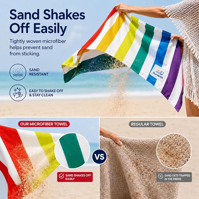 Oversized Microfiber Beach Towel 71x36 Inch, Quick Dry Sand Free Travel Towel, Lightweight Sueded Beach Blanket for Pool, Camping, Yoga & Beach Trips (Rainbow)