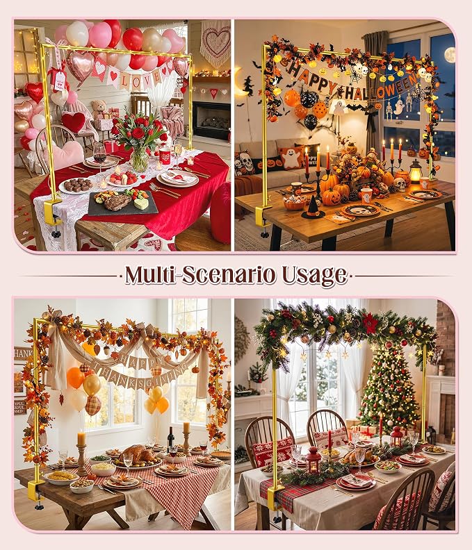 MEILIDY Over The Table Rod Stand with Clamps, Adjustable 33.5"-106" Length 36.6"-48" Height, Table Balloon Arch Backdrop Stand for Party Wedding Birthday Anniversary, Gold