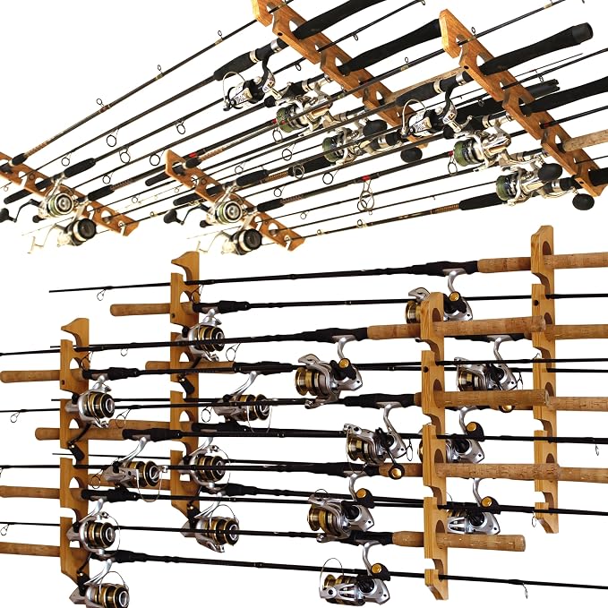 Rush Creek Creations 8 Fishing Rod Wall or Ceiling Storage Rack, Vertical or Horizontal Holder for Garage, 8 Rod and Reel Combo Capacity