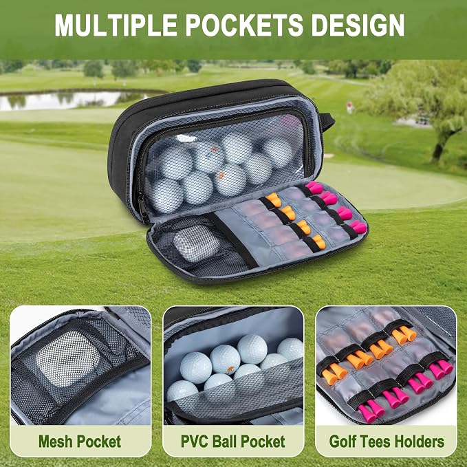 GOBUROS Golf Glove Holder Case with 2 Glove Shaper, Protective Golf Ball Bag Accessory Storage Organizer for Tees Balls Markers, Golf Gifts for Men Women, Black