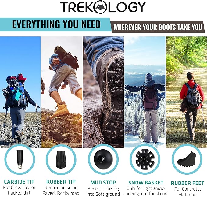 TREKOLOGY 2 pc Trekking Hiking Poles / 6 pc Replacement Rubber Tips-Collapsible Trekking Poles Nordic Hiking Pole Cork Grip. Lightweight Aluminum 7075,Adjustable Quick Flip-Lock, Folding Walking Stick