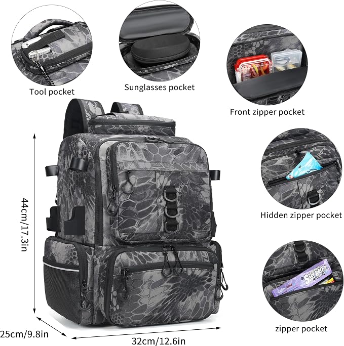 Rabjen Fishing Tackle Backpack, 45L Storage Waterproof Travel Bag Store Fishing Gear with Insulated Top Pocket
