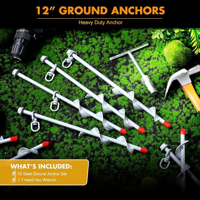 Hiboom 4 Pcs Ground Anchors with T Handle Hex Wrench Trampoline Hook, Ground Anchor Screw in Kit, Inflatable Outdoor Decorations Accessories for Camping Tents Car Ports Canopies (Silver,12 Inch)