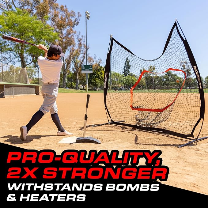 GoSports 7 ft x 7 ft Baseball & Softball Nets - Red, Black, Drip or PRO - Practice Hitting & Pitching Net with Bow Type Frame, Carry Bag and Strike Zone, Great for All Skill Levels