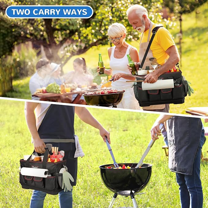 Chyaidach Large Grill Caddy with Hard Bottom and Paper Towel Holder, Picnic BBQ Condiment Utensil Organizer Caddy for Blackstone Griddle Accessories, Camping Essential, Outdoor Cooking, Tailgate, RV