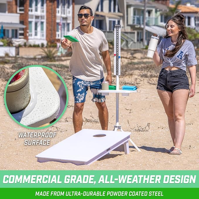 GoSports All Weather Metal Cornhole Scoreboard with Drink Holders - Black or White - Magnetic Outdoor Score Keeper for Yard Games - Set of 2 ScoreCaddy Tables