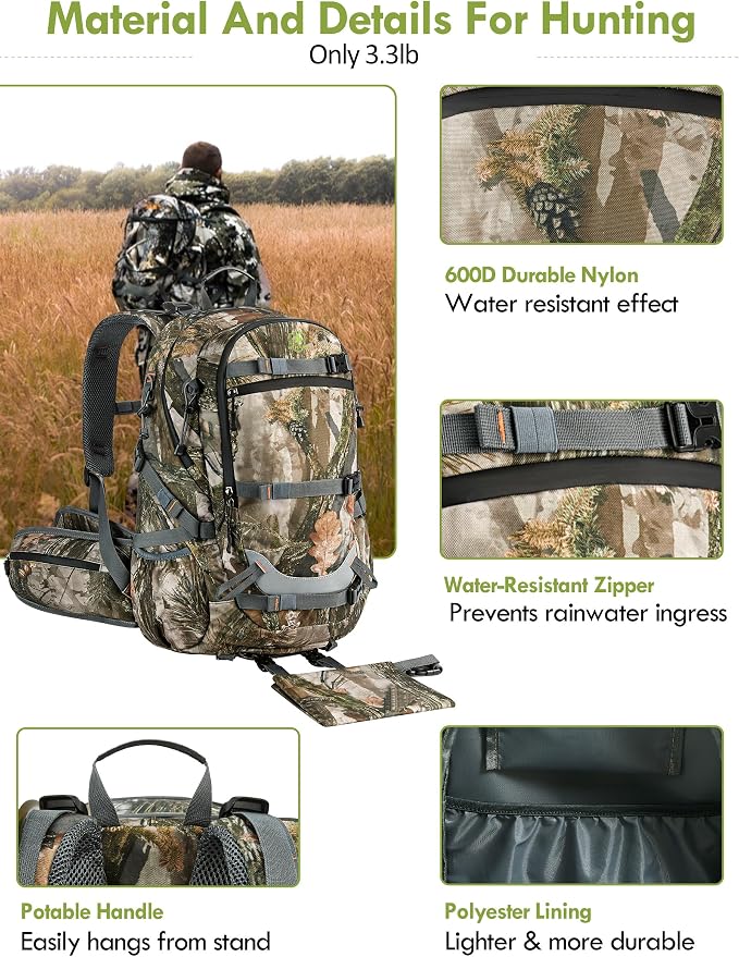 Camo Hunting Backpack for Men, 35L Durable Hunting Pack, 600D Daypack with Rain Cover, Interal Frame Support
