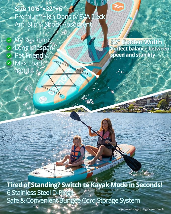 Inflatable Stand Up Paddle Board with Seat, 10'6"/10'5" SUP 440LBS, Recreational Paddleboard for Adults Beginners, Blow Up Paddle Board with Fishing Design, Camera Mount, Cooler Bag & Full Accessories