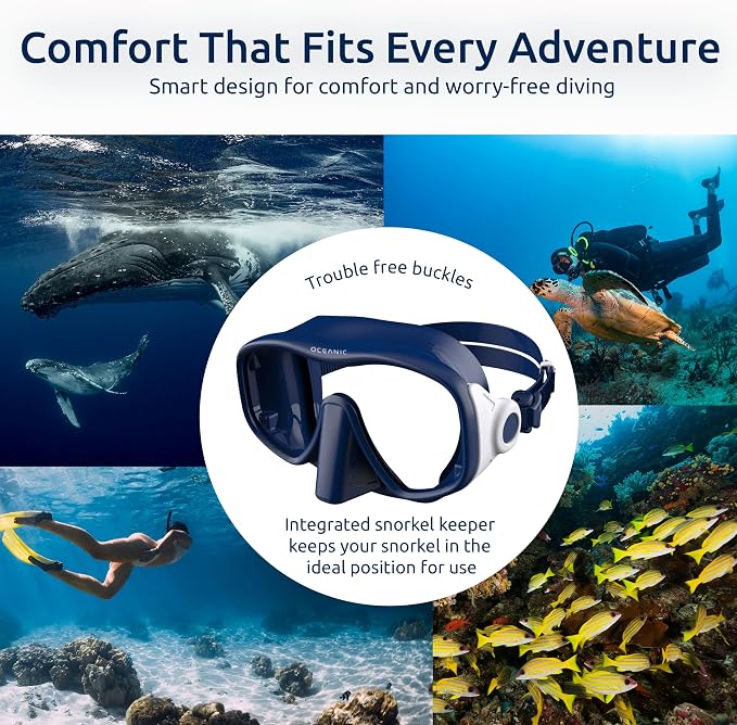 Oceanic Snorkel Mask for Adults, Frameless Single Lens Mask with Tempered Glass, Soft Silicone Skirt & Strap, Quick-Release Buckles for Snorkeling & Scuba