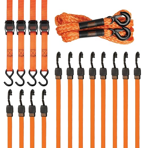 BLACK+DECKER 17-Piece Tow & Secure Tie Down Kit | 14' x 4,500 lbs Tow Rope with Clip Hooks, 1" x 10' Deluxe Cam-Buckle Straps, 24" and 36" Length Flat Bungee Straps