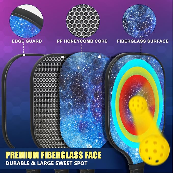 Dulce DOM Pickleball Paddles Set of 2/4 - USAPA Approved, 4 Indoor Outdoor Pickleball Balls, Fiberglass Surface Paddle Racket with Cover Bag, Ideal Training Equipment Gift for Men & Women