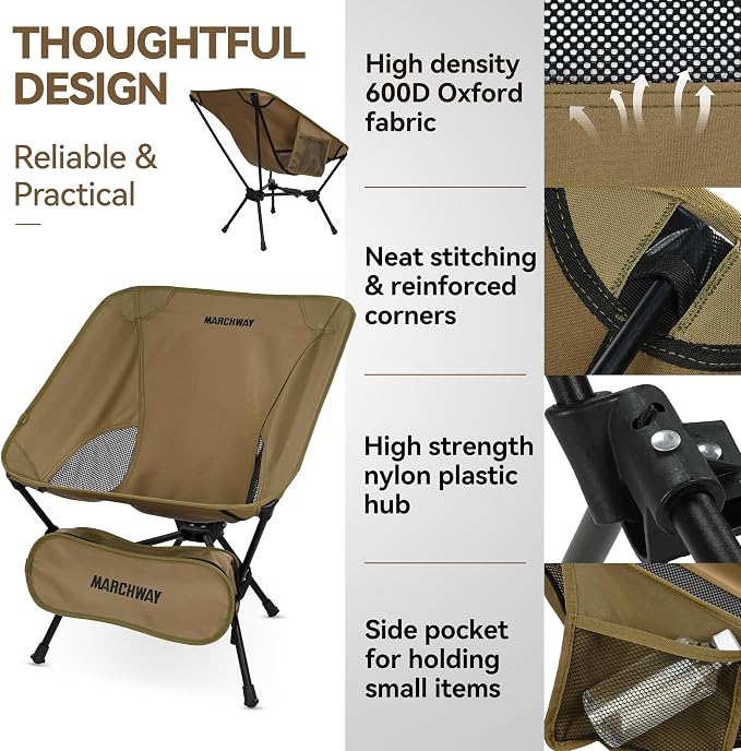 MARCHWAY Lightweight Folding Camping Chair with Spring Lock, Stable Compact Portable for Outdoor Camp, Travel, Beach, Picnic, Festival, Hiking, Backpacking (Lowback Khaki)