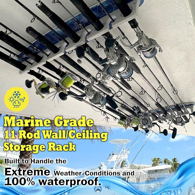 Rush Creek Creations Reel Salty Waterproof Offshore/Inshore Fishing Rod Holder for 11 Saltwater Poles + Gear & Accessories Perfect for Garage & Wall Storage