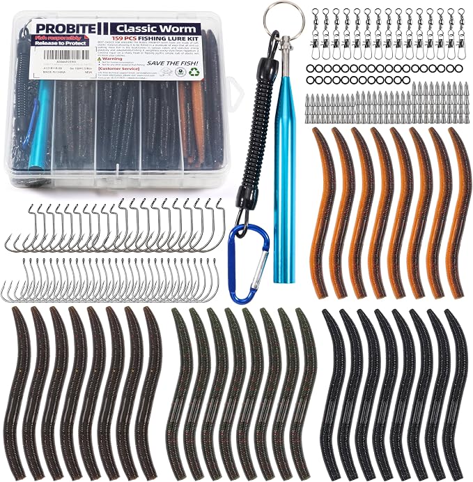 159PCS Stick Worm Baits Wacky Rig Kit for Bass Fishing – Soft Plastic Stick Lures with Hooks, O-Rings, Weights, Swivels, Wacky Tool & Tackle Box for Freshwater & Saltwater