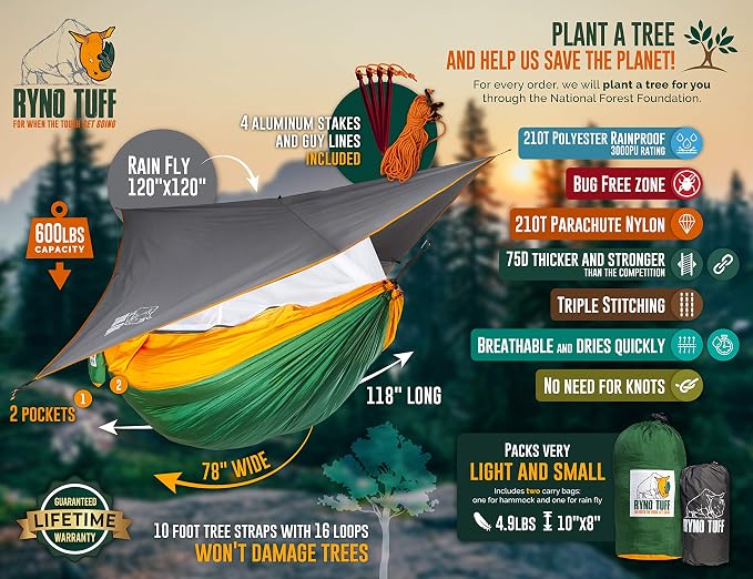Ryno Tuff XL 2 Person Camping Hammock with Mosquito Net & Rain Fly - Compact Double Hammock with Bug Net, Tarp, Pocket, Tree Straps & Heavy Duty Carabiners - Parachute Grade Nylon Holds Over 600lbs