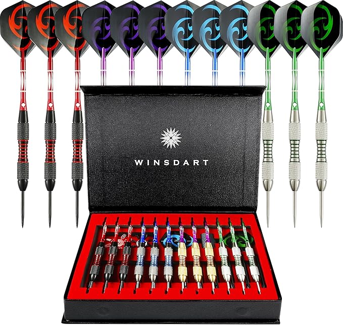WINSDART Steel Tip Darts 12 Pack Set with Nonslip Iron Barrel Aluminum Dart Shafts and Flights Darts Sharpener an Gift Box