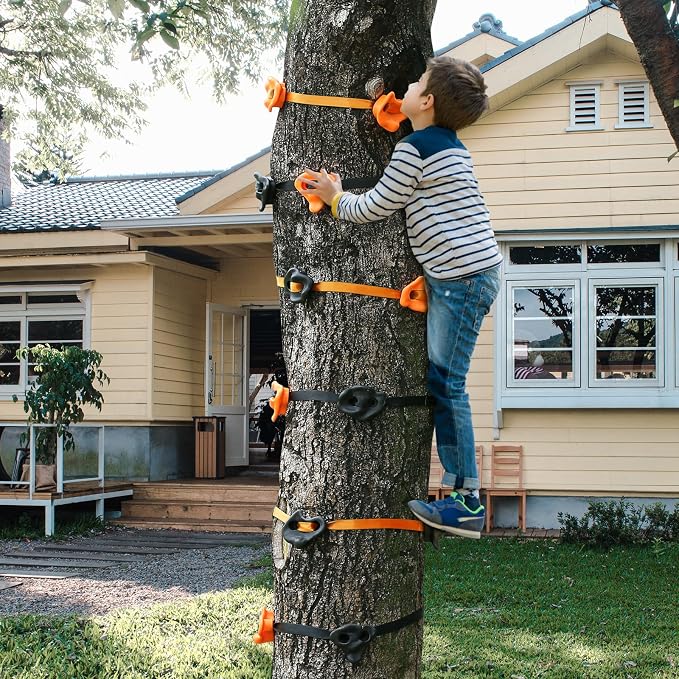 TOPNEW 12 Ninja Tree Climbing Holds for Kids Climber, Orange & Black Tree Climbing Kit with 6 Ratchet Straps for Outdoor Ninja Warrior Obstacle Course Training