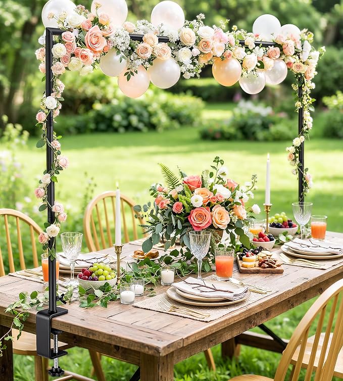 MEILIDY Over The Table Rod Stand with Clamps, Adjustable 33.5"-106" Length 36.6"-48" Height, Table Balloon Arch Backdrop Stand for Party Wedding Birthday Anniversary, Black