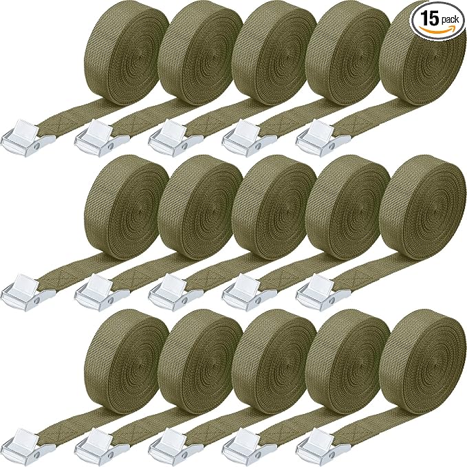 Riakrum 15 Pack 16 Feet Lashing Straps Adjustable Kayaks Tie Down Cam Buckle Straps with Buckles up to 250lbs for Cargo, Luggage, Motorcycles, Truck, Car Roof Rack, Sup Surfboard(Army Green)