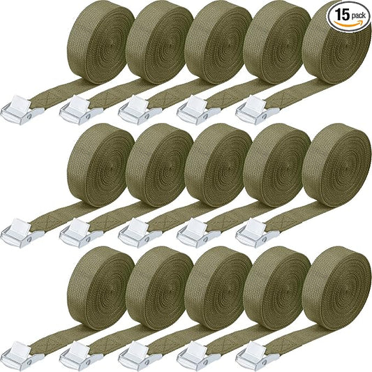 Riakrum 15 Pack 16 Feet Lashing Straps Adjustable Kayaks Tie Down Cam Buckle Straps with Buckles up to 250lbs for Cargo, Luggage, Motorcycles, Truck, Car Roof Rack, Sup Surfboard(Army Green)