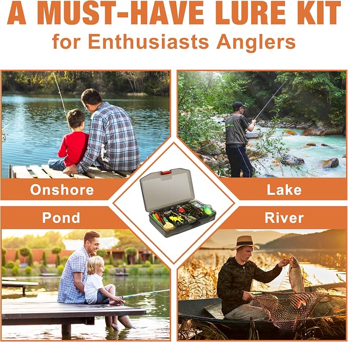 TRUSCEND Complete Fishing Lures - Tackle Box with Tackle Included - Crankbaits, Minnows, Frogs, Vibes, Poppers, Spinners, Spoons, Soft Baits, Hooks & Weights Accessories Kit for Bass Panfish Trout