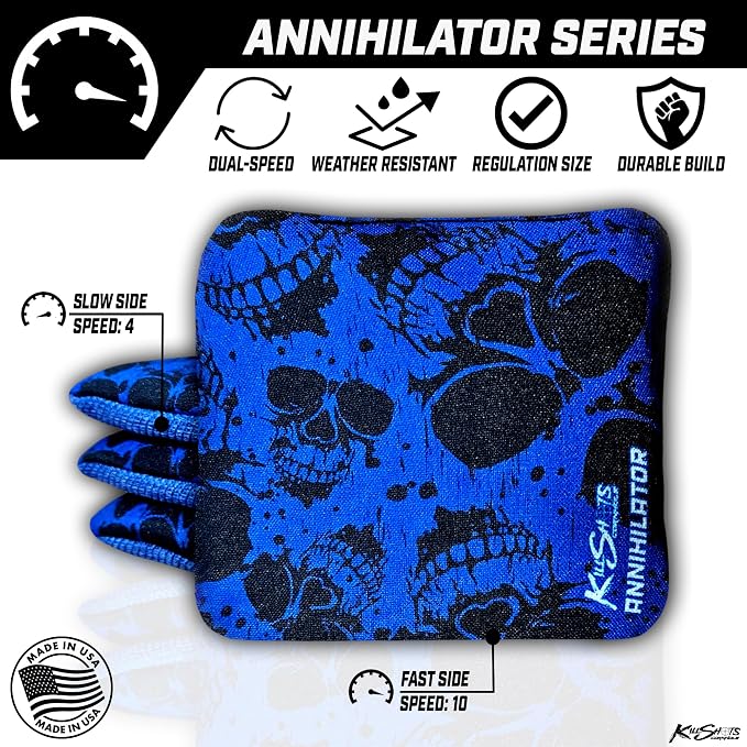 Killshots Cornhole | Annihilator Series | Limited Edition | Premium Cornhole Bags | Double-Sided Stick & Slide | Durable | Resin Filled | Regulation 6x6, 16oz | Set of 4 (Blue Reaper)