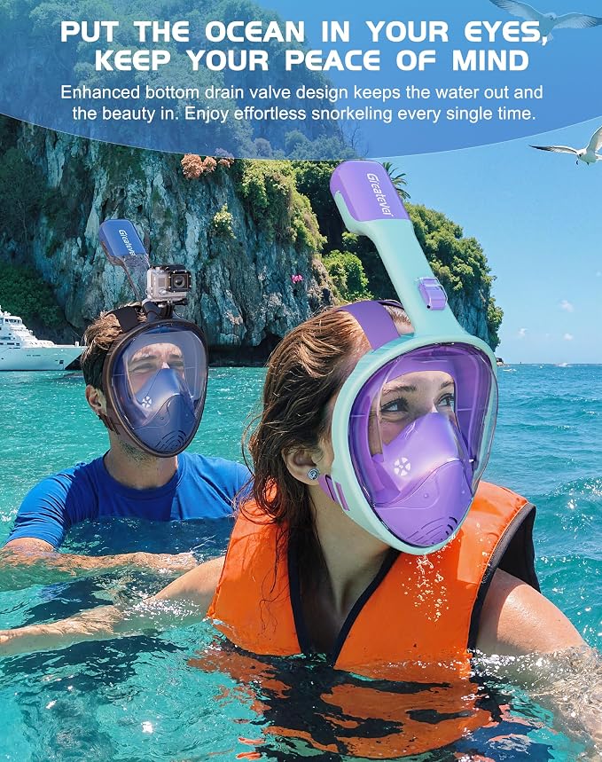 Greatever Full Face Snorkel Mask, Snorkeling Gear for Adults with Latest Dry Top Breathing System and Detachable Camera Mount, Foldable Snorkel Set for Family Snorkeling Trips, Anti-Fog & Anti-Leak