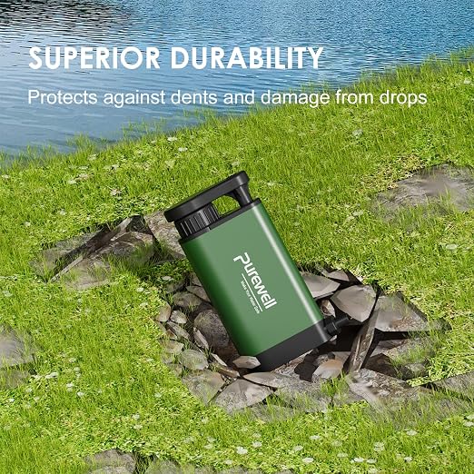 Purewell Stainless Steel Water Filter Pump with Replaceable Carbon 0.01 Micron Water Filter, 3 Filter Stages, Portable Outdoor Emergency and Survival Gear - Camping, Hiking, Backpacking(Green)