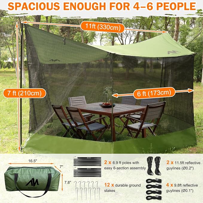 Screen House + Poles, 4-Section Heavy Duty Aluminum Telescoping Poles, 18x11 FT Large Camping Tarp with Mosquito Net for Outdoor Picnic