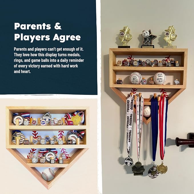 Baseball Championship Ring Display Case – Fully Customizable Baseball Ring Holder with 39 Removable Pegs & 3 Shelves – Gifts for Kids – Designed in the U.S.