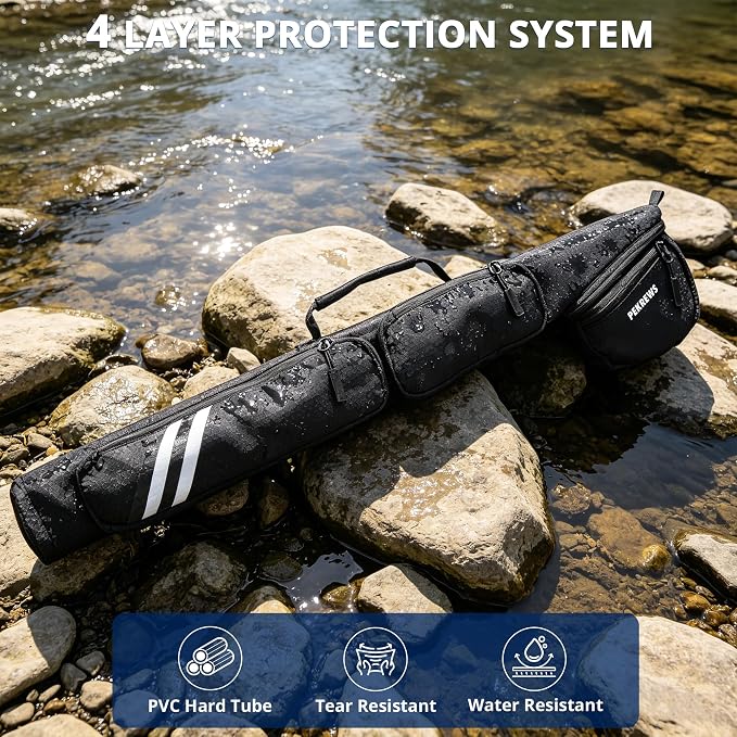 PEKREWS Fly Rod Case, 30.5 inch Fly Fishing Bag Fit 9' 4-Piece Fly Rod and Reel with Padded Reel Pouch, 2 Side Pockets, Portable Hard Travel Fishing Rod Case with Shoulder Strap, Pole Tube For Angler