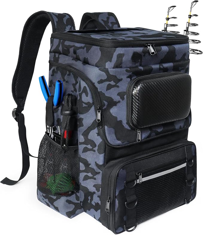 Fishing Backpack with Rod Holder, Large 50L Tackle Bag Water Resistant Tackle Backpack Heavy Duty Fishing Bag Gift for Men Woman