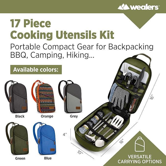 Wealers Camp Kitchen Cooking Utensil Set Travel Organizer Grill Accessories Portable Compact Gear for Backpacking BBQ Camping Hiking Travel Cookware Kit Water Resistant Case