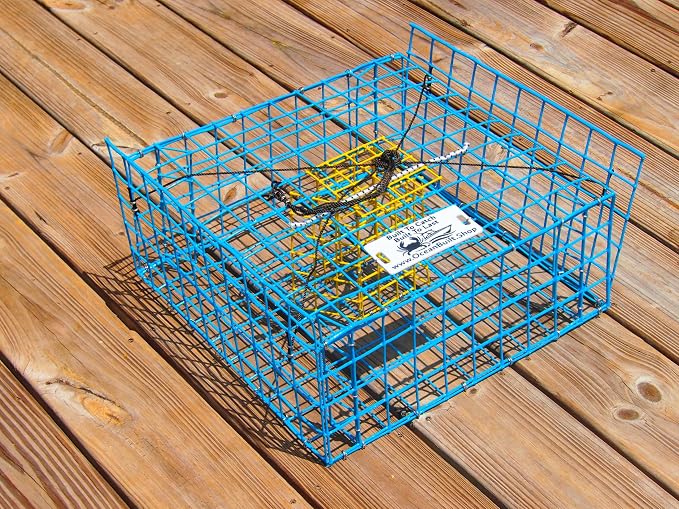 Folding Bridge Blue Crab Trap, Heavy-Duty Metal Wire Mesh Drop-Net, Collapsible Foldable Design, 15" x 15" x 7"