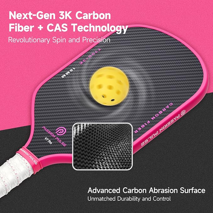 V7 Pro Pickleball Paddle – 3K Raw Carbon Fiber Pickle Ball Paddles with 16mm Polypropylene Core, 3D PulseGrip Handle, – Pickleball Rackets Ideal for All Skill Levels