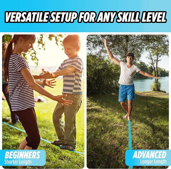 Complete Ninja Slackline Kit - 60ft Slack Line for Backyard for Kids & Adults - Wider Tree Protectors Slackline Kit for Ninja Warrior Obstacle Course for Kids Outdoor Playset (Essential Kit - Blue)